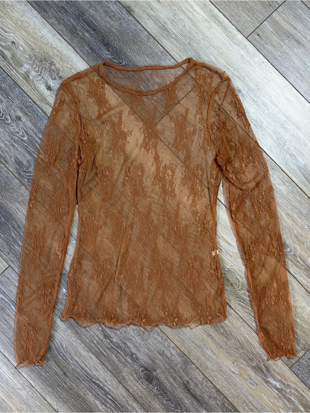 Rust Brown Sheer Lace Long-Sleeve Top